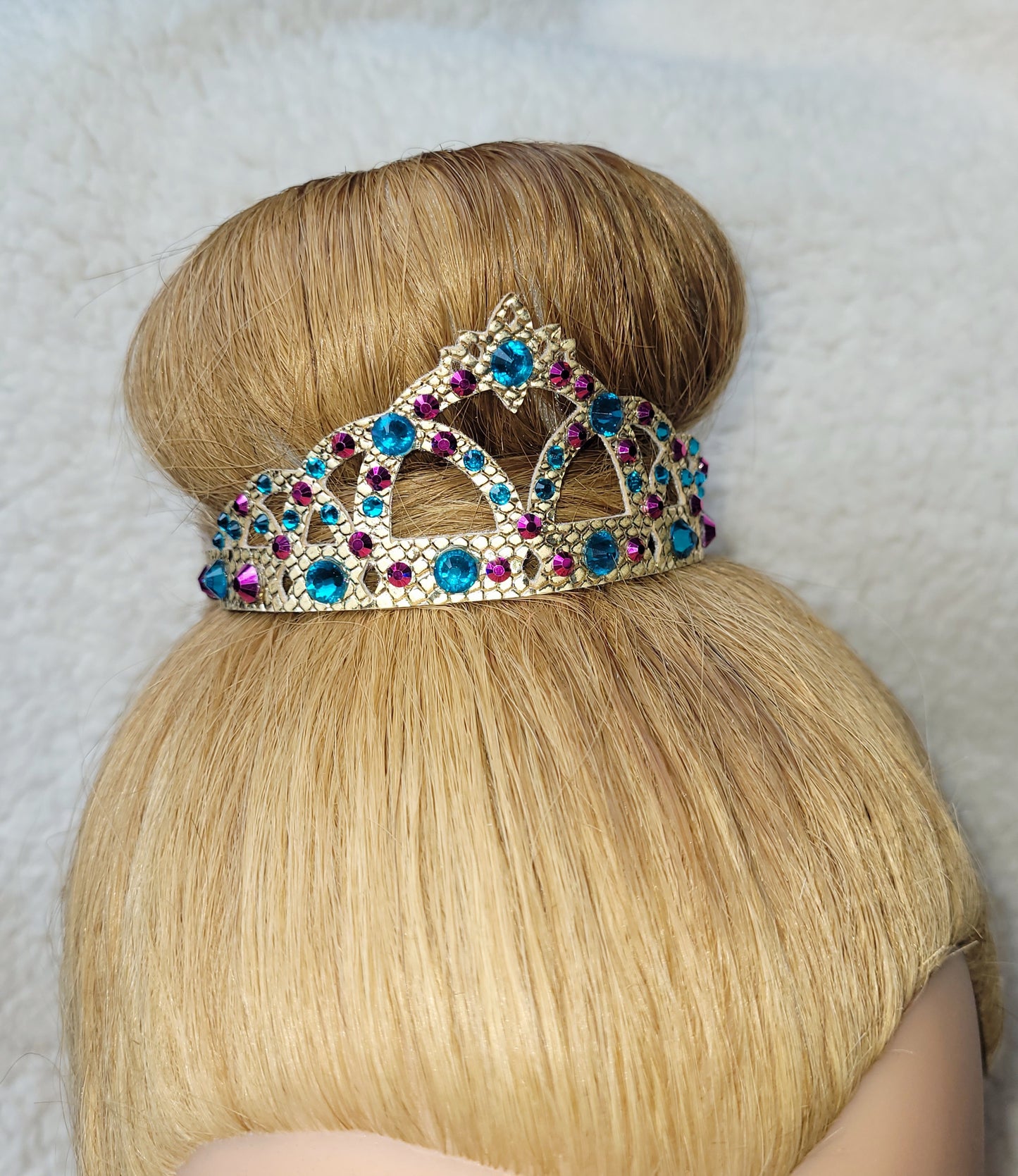 Gymnastique Rythmique - Couronne à chignon doré - "Diadème" - Strass Bleu zircon et fushia metallic