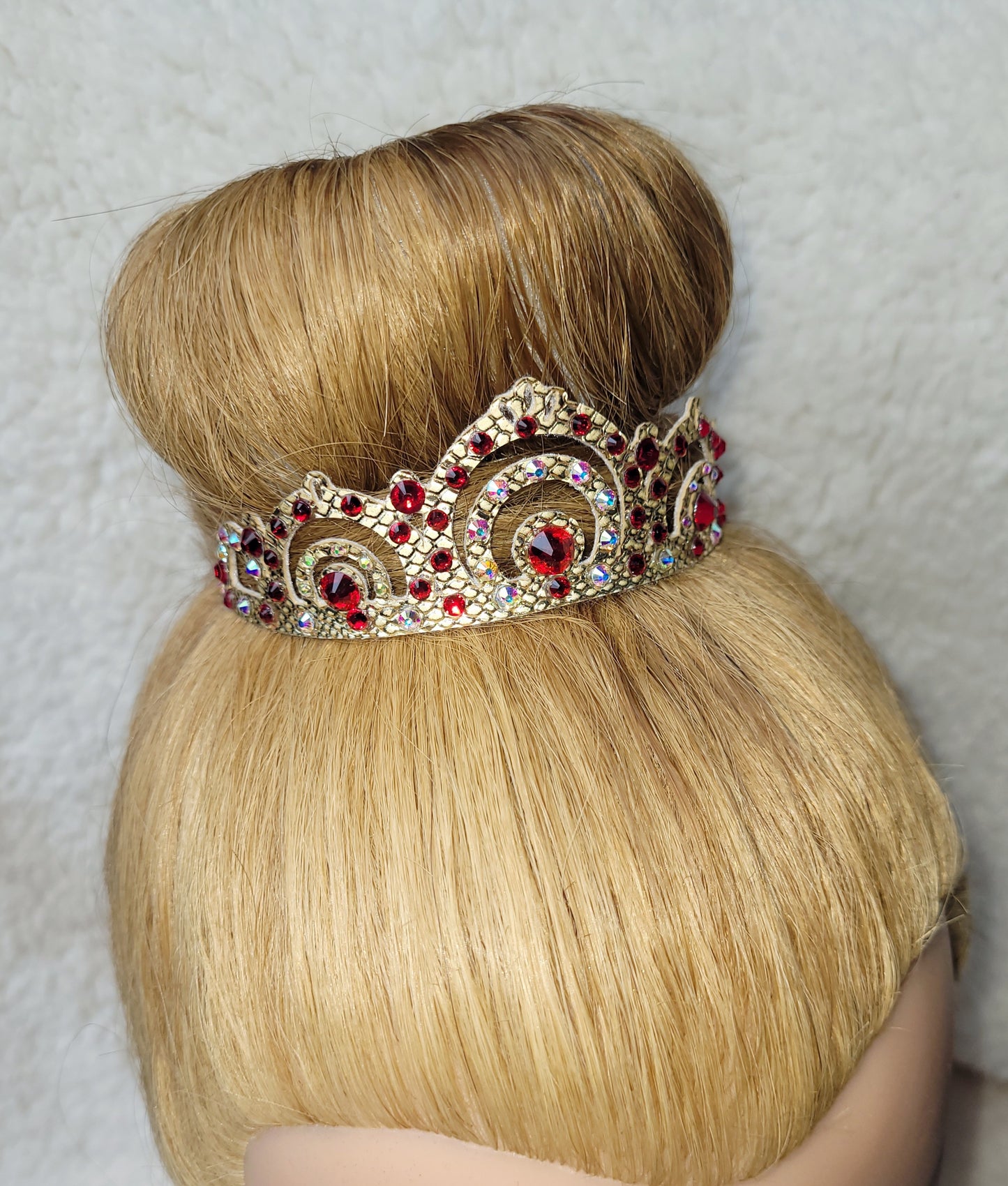 Rhythmic Gymnastics - Gold Chignon Crown - "Tiara" - Red Rhinestones and AB Crystal