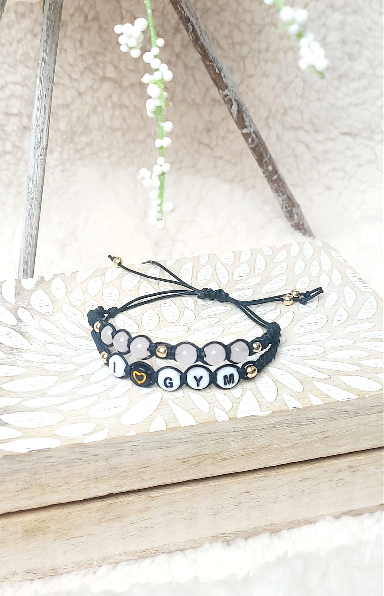 Gymnastique - Bracelet personnalisable tressé en pierres naturelles - I love Gym - Taille Enfant.