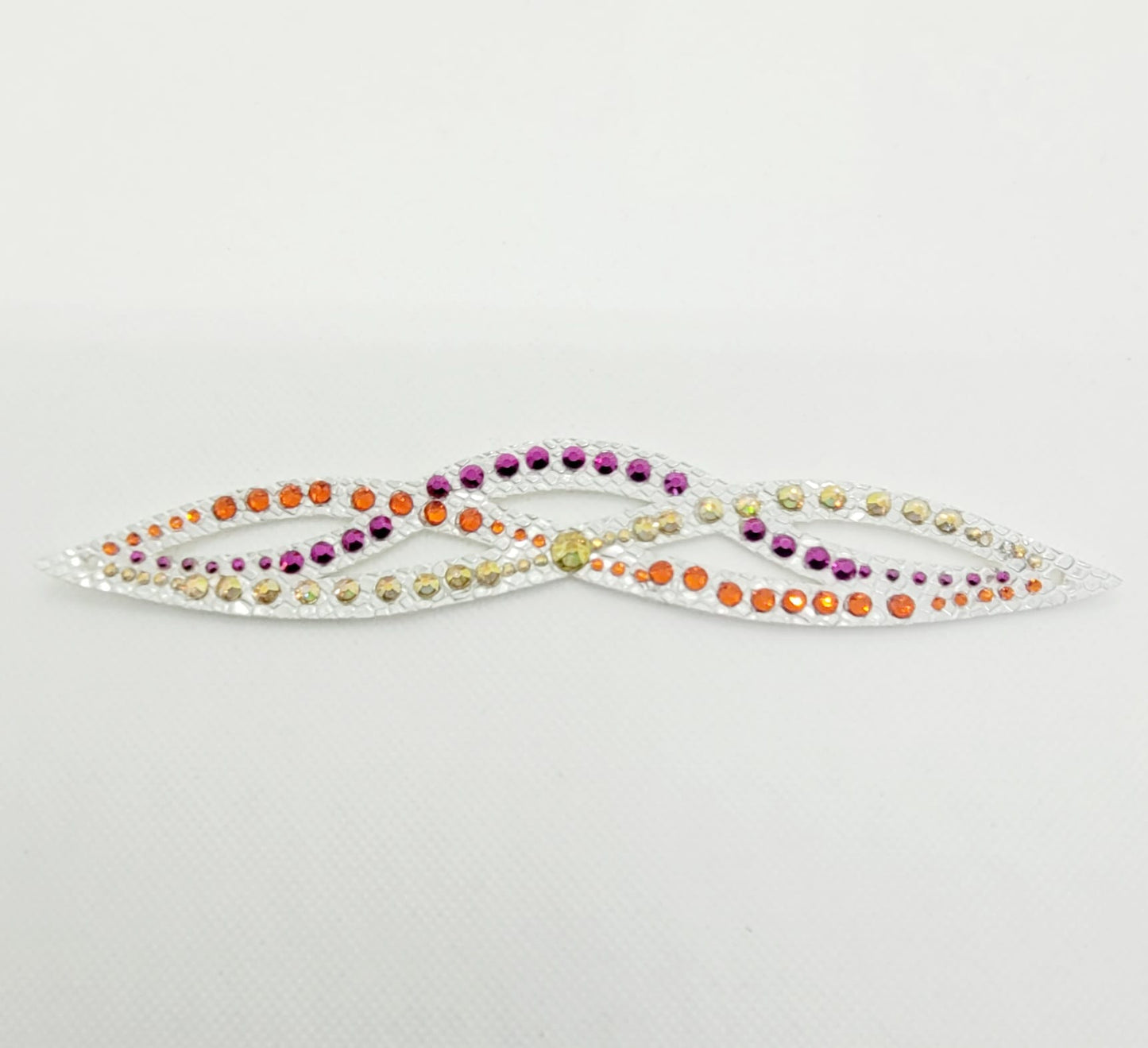 Gymnastique Rythmique - Couronne à chignon argenté - "Elfique" - Strass Fuchsia metallic, Orange et metallic sunshine