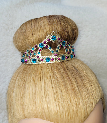 Gymnastique Rythmique - Couronne à chignon doré - "Diadème" - Strass Bleu zircon et fushia metallic