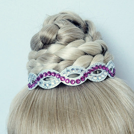 Gymnastique Rythmique - Couronne à chignon argenté - "Torsade" - Strass cristal et fuchsia
