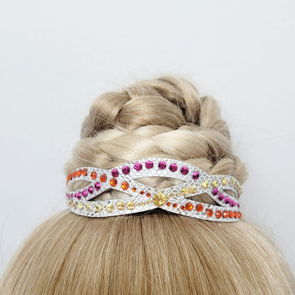 Gymnastique Rythmique - Couronne à chignon argenté - "Elfique" - Strass Fuchsia metallic, Orange et metallic sunshine