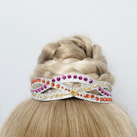 Gymnastique Rythmique - Couronne à chignon argenté - "Elfique" - Strass Fuchsia metallic, Orange et metallic sunshine