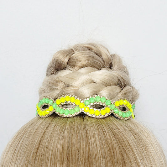Gymnastique Rythmique - Couronne à chignon doré - "Torsade" - Strass vert neon et jaune neon