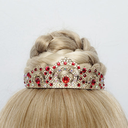 Gymnastique Rythmique - Couronne à chignon doré - "Tiare" - Strass rouge et cristal AB