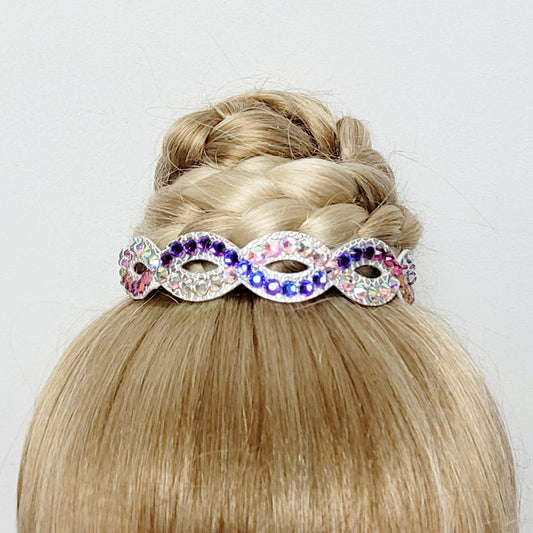 Gymnastique Rythmique - Couronne à chignon argenté - "Torsade" - Strass Aurore Boréale et Violet Boréale