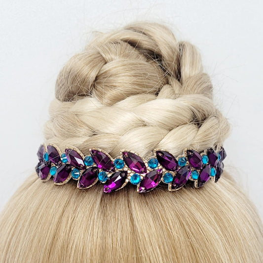 Gymnastique Rythmique - Couronne à chignon doré - "Lière" - Strass Fuchsia et bleu zircon