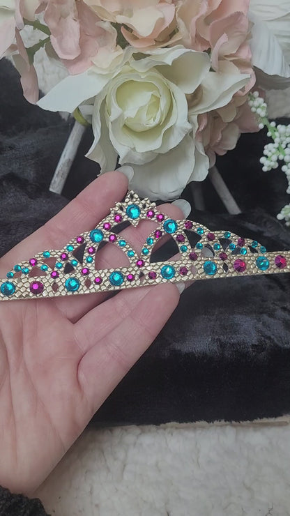 Gymnastique Rythmique - Couronne à chignon doré - "Diadème" - Strass Bleu zircon et fushia metallic