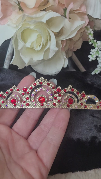 Rhythmic Gymnastics - Gold Chignon Crown - "Tiara" - Red Rhinestones and AB Crystal